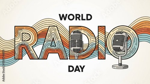 Vibrant world radio day illustration with microphone and colorful waves on white background for broadcasting and communication themes with audio