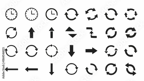 Set of Clock and Arrow Icons for Time and Direction.