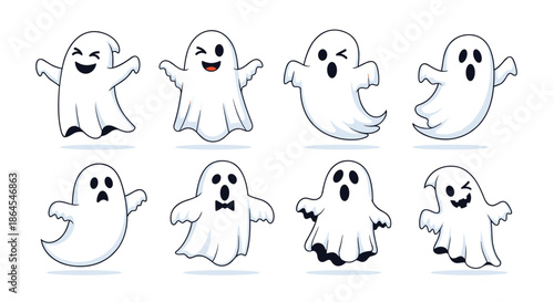 Collection of eight cute and friendly cartoon ghost characters with various playful and spooky expressions for Halloween.