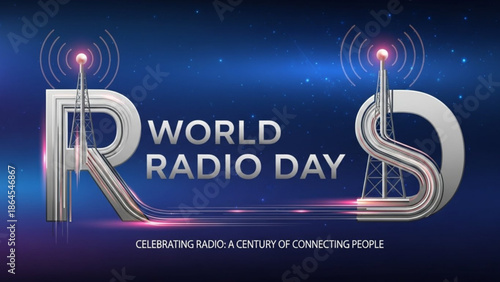 World radio day celebration with stylized radio towers and glowing signals on a dark blue background with stars with communication and broadcast