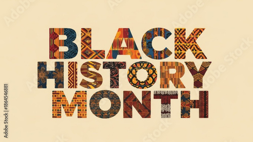 Vibrant multicolored black history month typography on beige background with african inspired patterns with African American and celebration