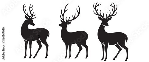 Silhouette Set of Majestic Male Deer with Large Antlers Isolated on White Background