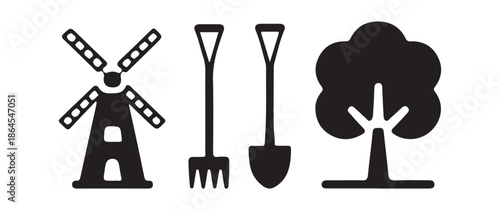 Traditional Rural Life and Gardening Symbols with Windmill, Garden Tools, and Tree Icons
