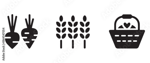 Harvest and Fresh Produce Icon Set with Beets, Wheat Stalks, and Picnic Basket Silhouette