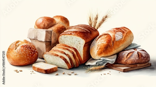 Wallpaper Mural Assorted freshly baked bread selection including baguette sandwich bread rolls croissants and loaves on a light background Torontodigital.ca