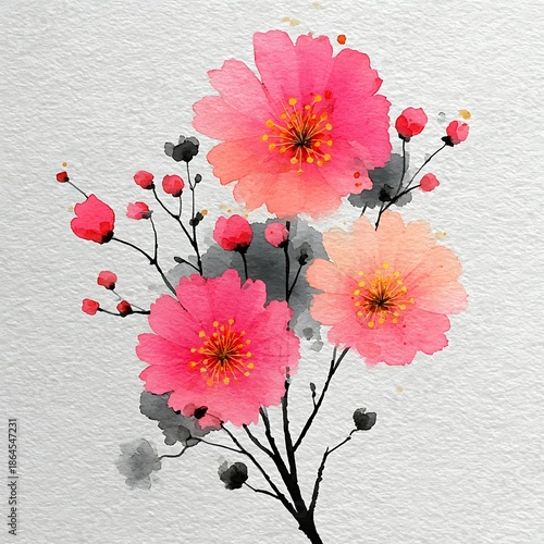 Watercolor painting of pink and orange cherry blossoms on a white background flowers