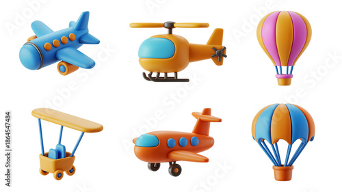 A charming collection of six colorful 3d rendered toy aircraft, including airplanes, helicopters, and vibrant hot air balloons on transparent background