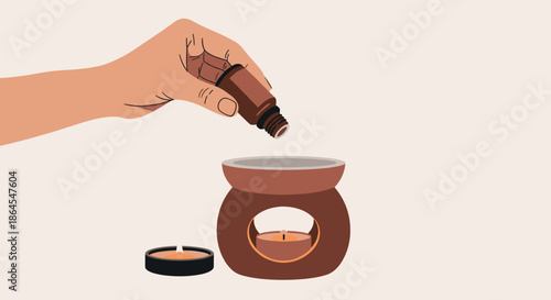 A hand pours essential oil from a dropper bottle into a ceramic aromatherapy diffuser with a lit tea light candle for relaxation.