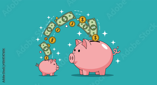 Money and coins transfer from a small piggy bank to a large one representing investment growth savings and financial success.