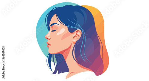 A beautiful and serene portrait of a young woman with blue hair in profile with her eyes closed against a colorful background.
