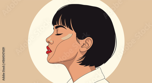 A stylish modern portrait of a beautiful woman with short black hair and red lipstick in profile with contouring makeup lines.