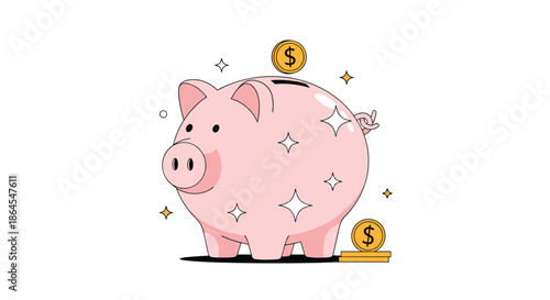 A shiny pink piggy bank with dollar coins being dropped into the slot representing savings investment and financial planning.