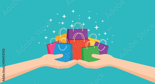 Two hands hold out a large pile of colorful sparkling shopping bags representing a big sale gift giving or consumerism.