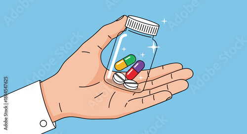 A close-up of a hand holding a clear bottle with a few colorful pills and capsules representing medication or vitamins vector.
