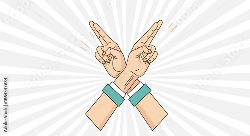 Two hands crossed in an X gesture making a finger sign for stop refusal or rejection against a retro sunburst background.