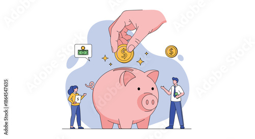A large hand drops a coin into a giant piggy bank while two small people manage their finances and savings together vector.