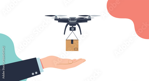 A futuristic drone with a camera lowers a cardboard package into an outstretched business hand representing contactless delivery.