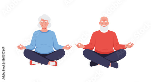 An elderly couple a man and a woman are sitting together in the lotus position meditating peacefully on a white background.