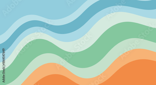 An abstract background features flowing wavy lines in calming pastel colors of blue green and orange for a modern design.