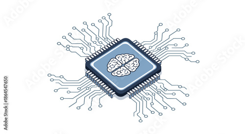 An isometric computer processor chip with a human brain icon on top symbolizes artificial intelligence and machine learning.