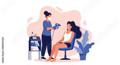 A female cosmetologist in a medical mask performs a facial rejuvenation procedure on a woman in a modern beauty salon.