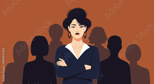 A strong and confident businesswoman with arms crossed stands in front of a group of silhouetted people as their leader.