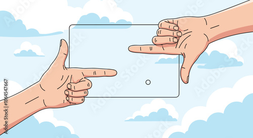 Two hands form a frame gesture around a transparent screen against a background of a blue sky with fluffy white clouds.