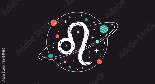 The Leo zodiac sign symbol is elegantly drawn inside a circle of planets and stars against a dark background for astrology.