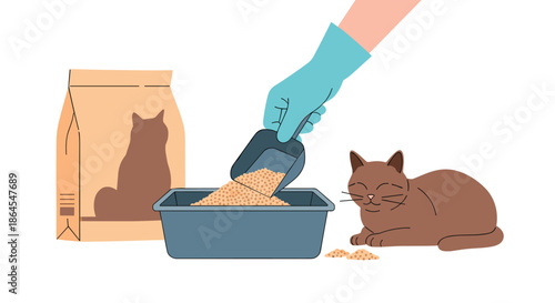 A person wearing a blue glove uses a scoop to pour fresh litter into a cat's litter box next to a happy brown cat.
