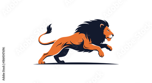 A powerful and majestic lion with a dark mane is illustrated in a dynamic jumping pose perfect for a sports team logo.