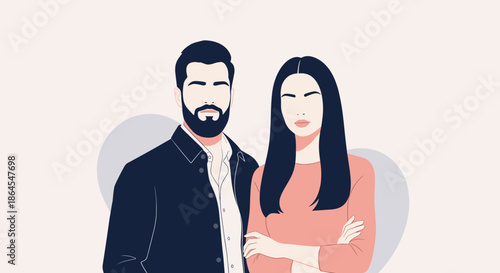 A stylish and modern faceless portrait of a couple a man with a beard and a woman with long hair standing together.