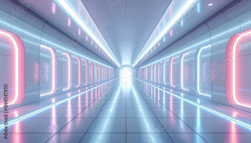 Futuristic, neon-lit corridor with reflective surfaces and rounded alcoves. Light at end