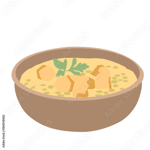 A vector illustration of a warm bowl of mung bean porridge with bread pieces
