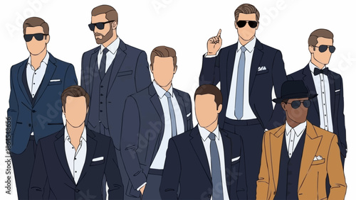 Group of Men in Suits - A Stylish and Mysterious Gathering.