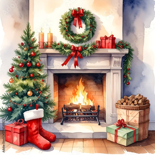Cozy watercolor scene of a decorated fireplace and a Christmas tree