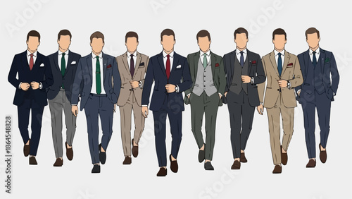 Group of Men in Suits Walking Forward in a Row.