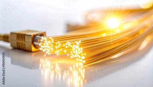 Close-up of glowing fiber optic cables with a golden connector and bright light