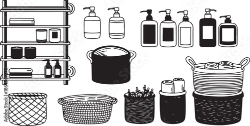 Black and white kitchen and bathroom items illustration