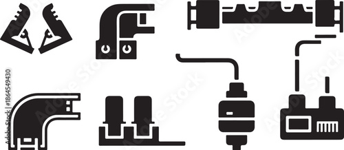 Black and white plumbing pipe symbols and connectors icons set