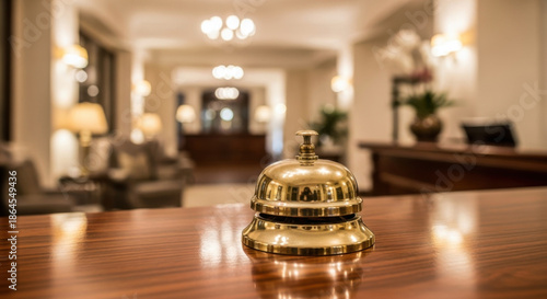 Hotel Front Desk Bell on Wooden Counter in Lobby