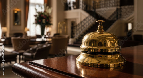 Golden Hotel Reception Bell on Polished Wooden Desk in Luxurious Lobby