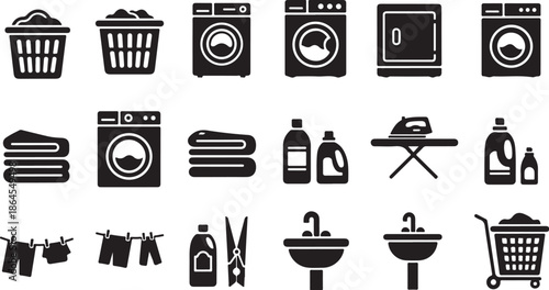 Laundry and cleaning icons set in black and white
