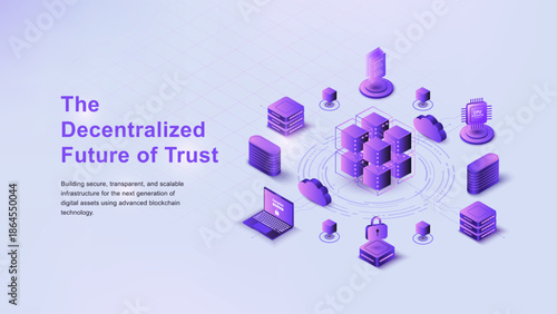 Isometric cloud computing network with decentralized data blocks and laptop.