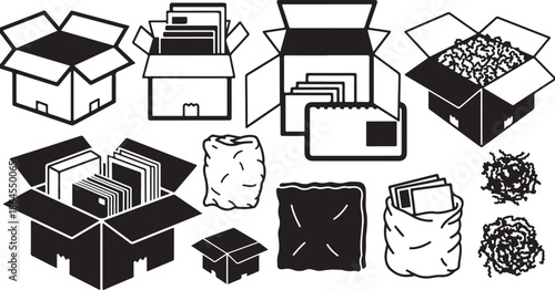 Various cardboard boxes and trash bags with recyclable materials