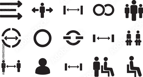 Black and white social distance icons on a white background