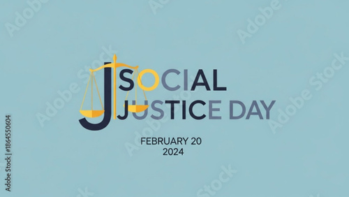 Social justice day february 20 2024 awareness campaign logo with scales of justice symbol on light blue background with equality and fairness