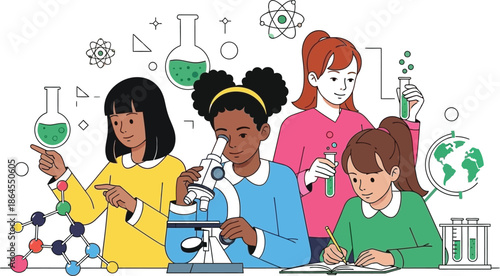 Group of diverse young female students actively engaged in various scientific experiments and learning activities within a laboratory setting