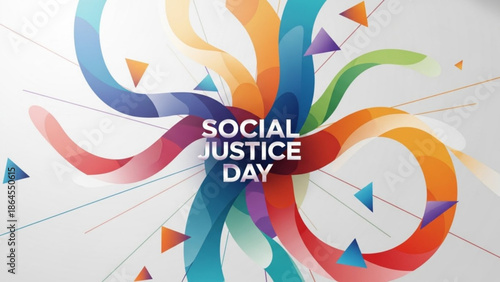 Vibrant ribbon design celebrating social justice day with colorful swirling ribbons and triangles on a light gray background with equality and human rights