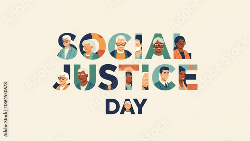 Vibrant social justice day poster with diverse people illustrations with diversity and inclusion and equality and awareness and activism and human rights