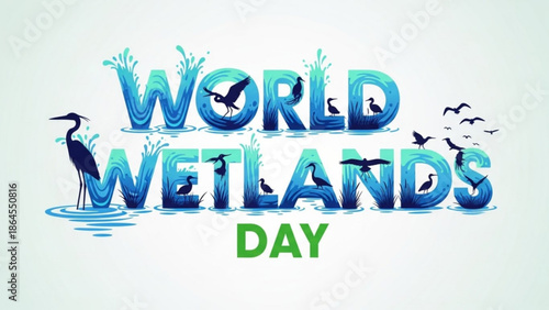 World wetlands day with birds and water, environmental conservation concept, wetlands awareness illustration with ecosystem and nature and wildlife